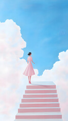 A minimalist painting of a woman in a pink dress climbing white stairs towards a bright blue sky framed by fluffy clouds