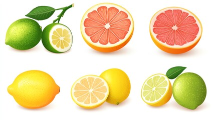 Fototapeta premium Fresh citrus fruits including lime, lemon, and grapefruit, showcasing vibrant colors and healthy appeal for culinary or natural themes.