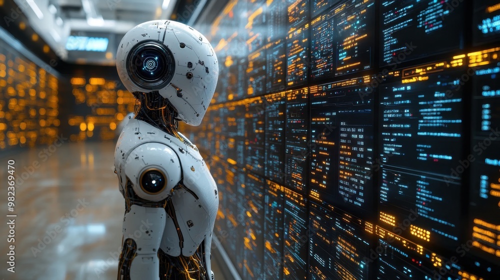 Poster illustration of a virtual robot in a stock trading area controlled by a robot under modern technolog