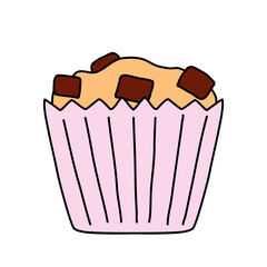 Homemade muffin with chocolate chips in a pink paper cup, baking design element cafe menu, vector