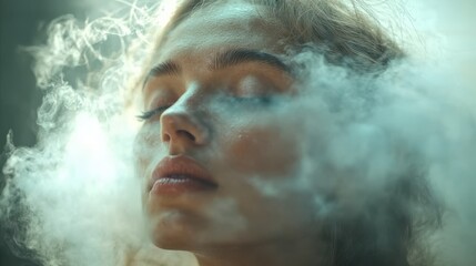 Portrait of a woman with eyes closed in soft fog, serene and peaceful, meditative atmosphere highlighting calmness, introspection, and tranquility in a dreamy setting.