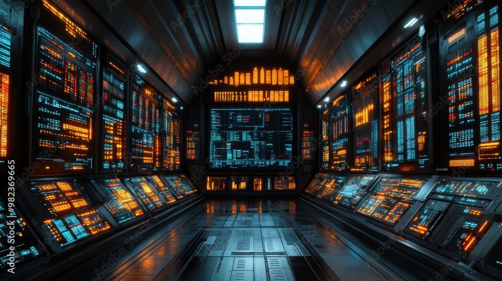 Poster illustration of a room showing many overlapping ai circuits. it is modern technology, future technol