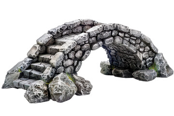 Detailed miniature stone bridge with steps and textured rocks showcasing craftsmanship in model building.