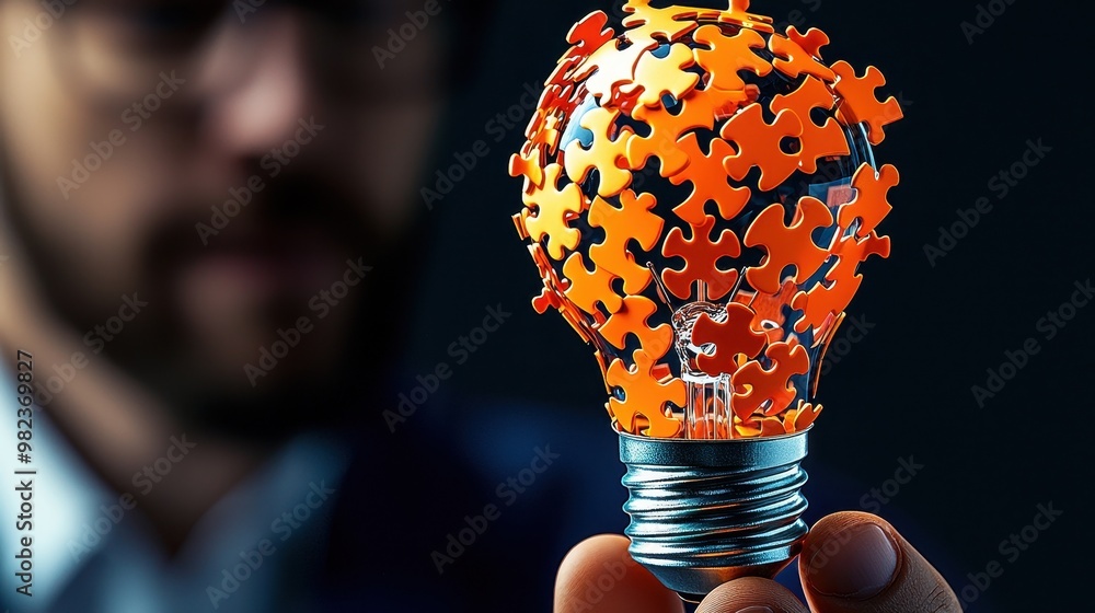 Poster a creative light bulb filled with orange puzzle pieces symbolizes innovation and problem-solving in 