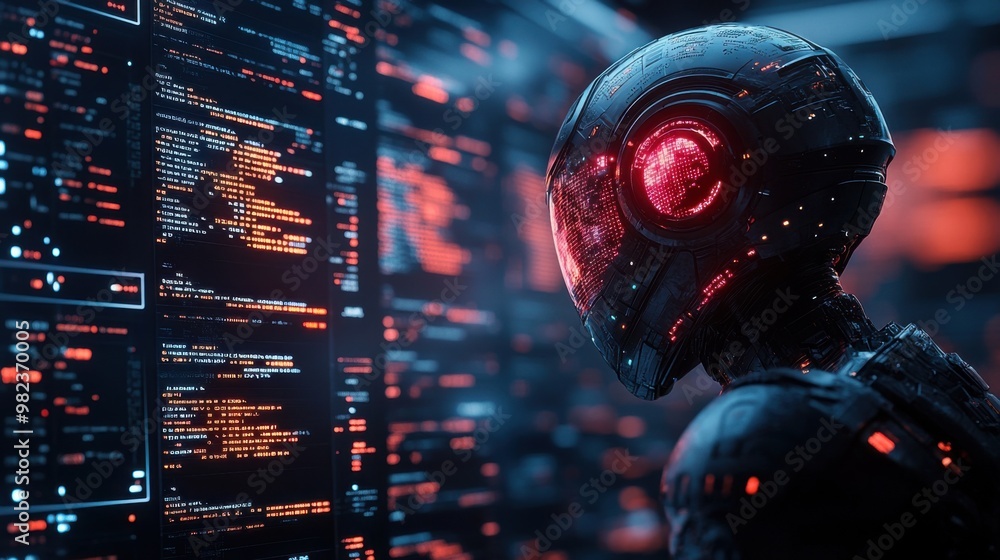 Poster illustration of a virtual robot in a stock trading area controlled by a robot under modern technolog