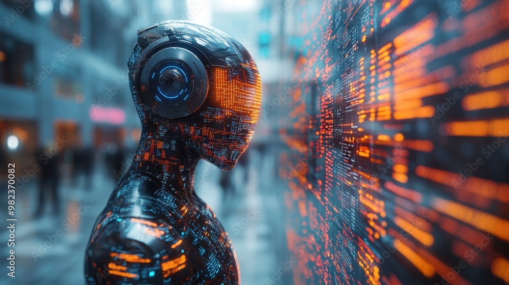 Poster illustration of a virtual robot in a stock trading area controlled by a robot under modern technolog