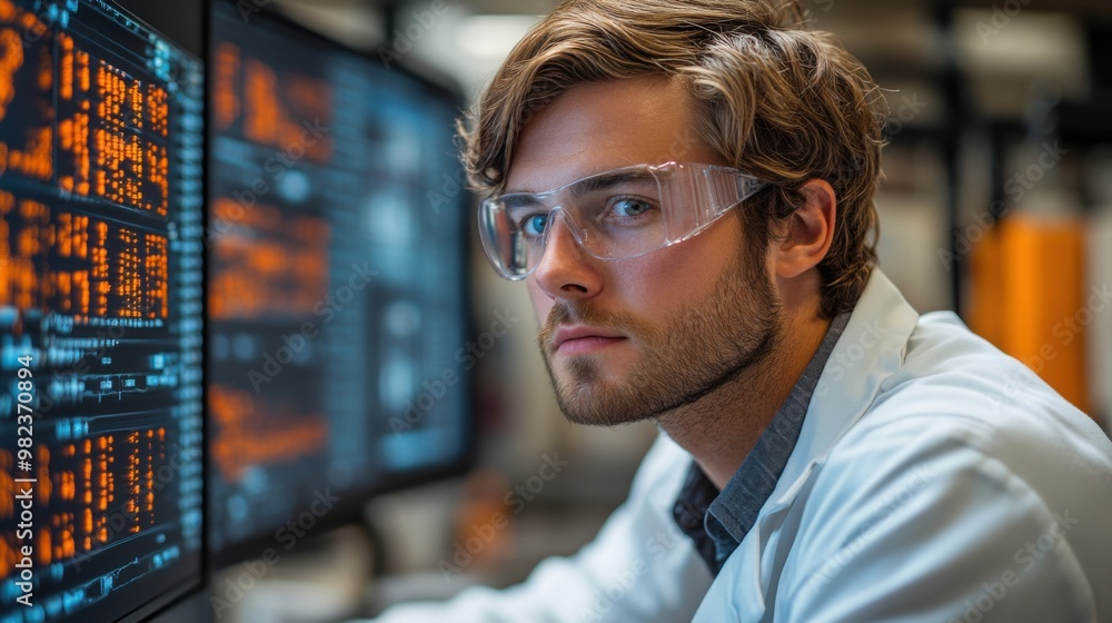 Poster biotech researcher using advanced computer software. the scientific experiment room is full of instr