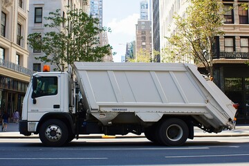 White garbage truck in city street, sunny day