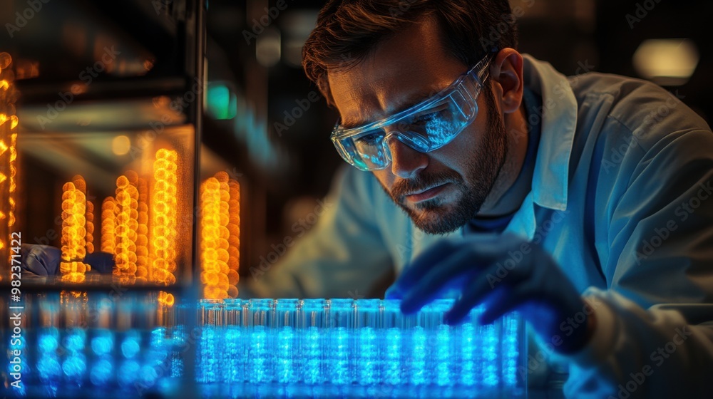 Poster biotech researcher using advanced computer software. the scientific experiment room is full of instr