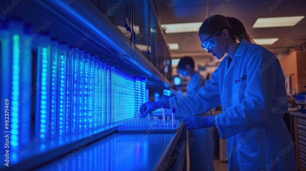 Poster biotech researcher using advanced computer software. the scientific experiment room is full of instr