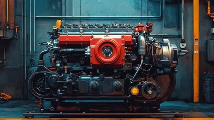 Fototapeta premium Close-up of large industrial engine in a garage setting. Mechanical power, heavy equipment, engineering, technical machinery, automotive industry, detailed components, industrial work, manufacturing