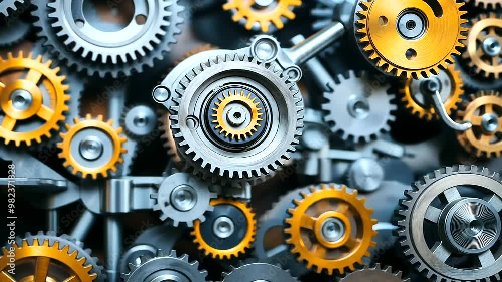 Poster a set of gears turning, each gear representing a skill, with the interlocking mechanisms showing how