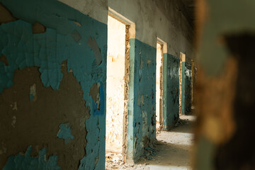 Abandoned Hospital Corridor With Peeling Paint and Dusty Floors in Autumn Light
