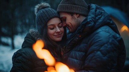 Couple embracing by campfire in winter clothing, romantic outdoor moment, warm and intimate evening, love in cold weather, snowy forest, cozy camping scene, peaceful setting