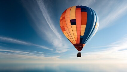 Fototapeta premium Vibrant Hot Air Balloon Floating in Vast, Minimalist Blue Sky