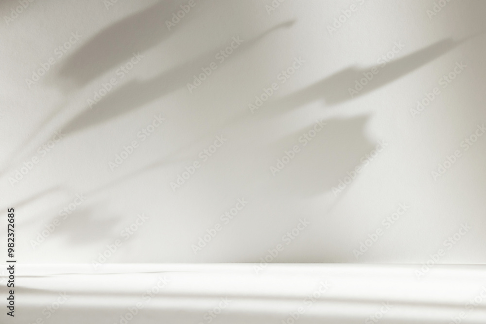 Aufkleber Abstract white color studio background for product presentation. Empty room with shadows of window and flowers and plant leaves . 3d grey room with copy space. Summer concept. Blurred backdrop.
