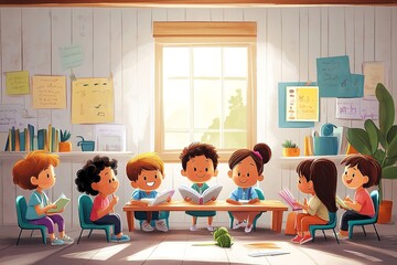 Children reading book at sunny library table