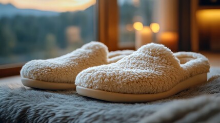 Cozy fuzzy slippers near window with soft candlelight in background, creating a warm, comfortable, and relaxing home environment during a peaceful evening.