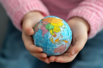 Child holds small globe in hands, symbolizing future care