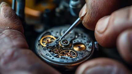 A watchmaker is using a tool to adjust a gear in a watch.