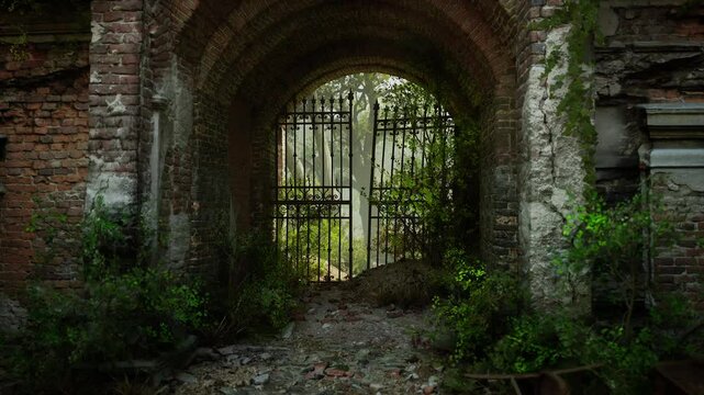 The weathered remains of a once grand European mansion reveal a rusty iron gate, partially obscured by lush greenery, inviting exploration of its mysterious past.