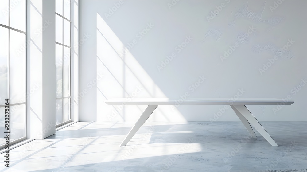 Poster minimalist white table in bright and airy interior with large windows for product display and concep