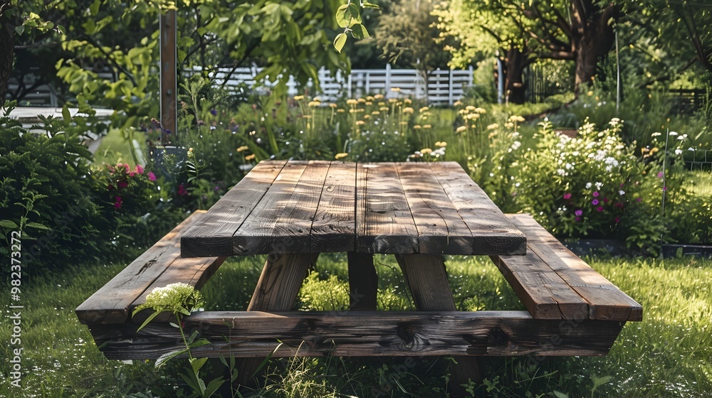 Poster rustic picnic table in lush outdoor garden setting with copy space for product display