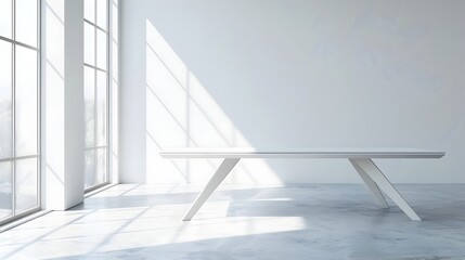 Minimalist white table in bright and airy interior with large windows for product display and concept showcase