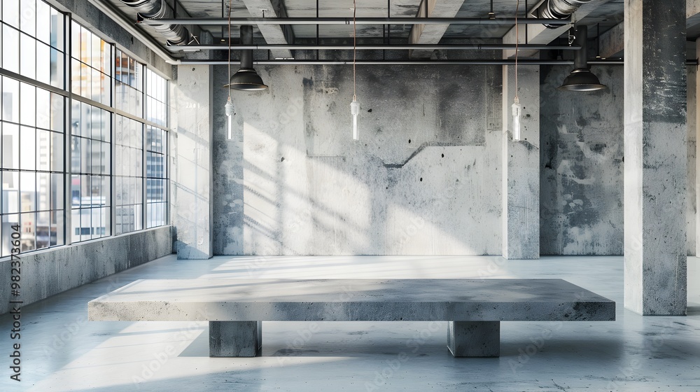 Poster minimalist concrete slab table in industrial loft with exposed beams and pipes empty display for pro