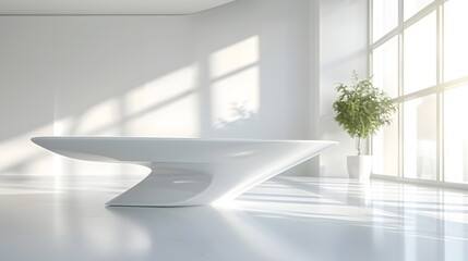 Modern Minimalist White Lacquer Table in Bright Airy Office Space for Product Concept Display