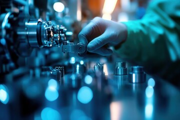 Engineer inspecting a mechanical part with calipers, precision measurement, high-quality manufacturing,