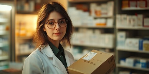 A young woman in a pharmacy holds a package with confidence. She wears glasses and a lab coat.