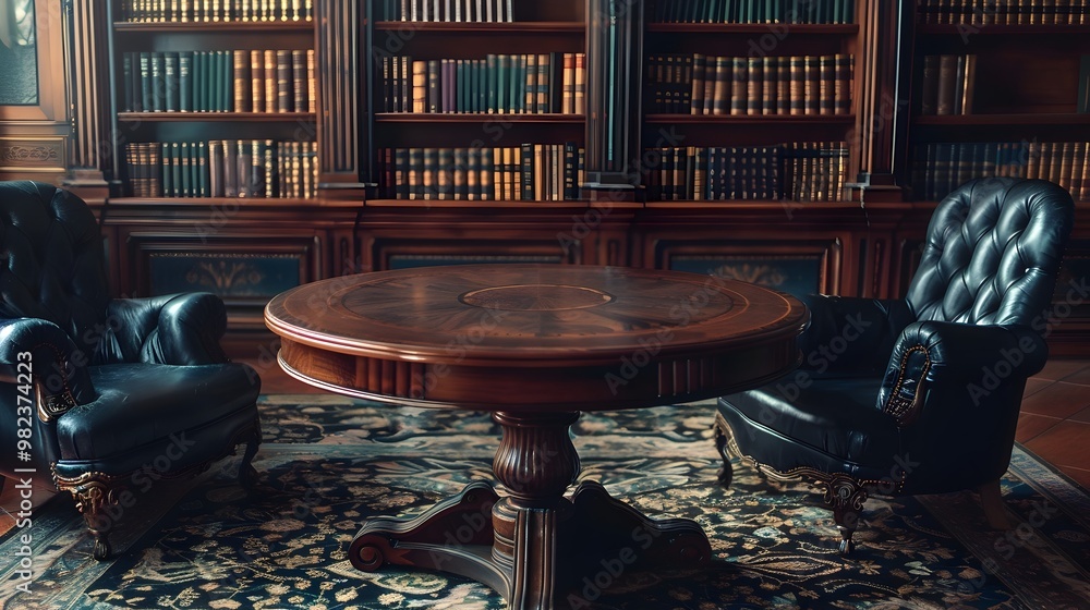 Poster elegant mahogany table in classic study decor with leather bound books and empty space for product d
