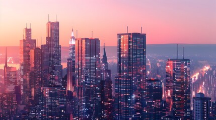 Futuristic Cityscape With Sleek Skyscrapers Reflecting City Lights at Dusk