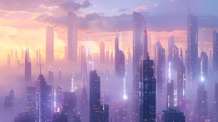 Futuristic Cityscape with Gleaming Glass and Steel Skyscrapers at Dusk