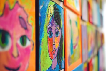 Brightly colored children's drawings on gallery wall