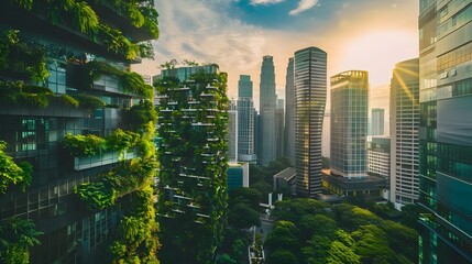 Naklejka premium Vibrant Eco Friendly Cityscape with Towering Vertical Gardens Promoting Urban Sustainability