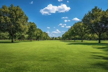 Green Field with Trees Under Blue Sky