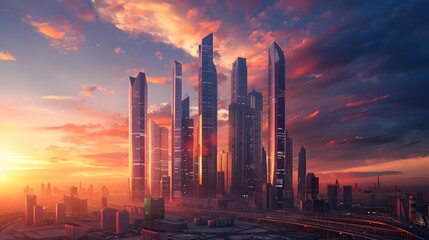 Towering Architectural Masterpieces Against a Vibrant Sunset Skyline