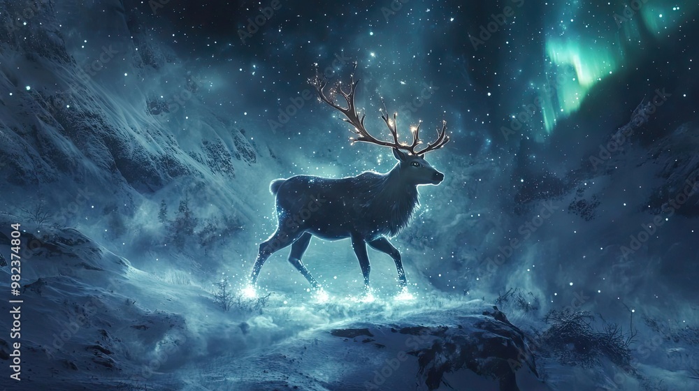 Poster a majestic deer standing in a snowy landscape, illuminated by a mystical aurora and soft snowfall, c