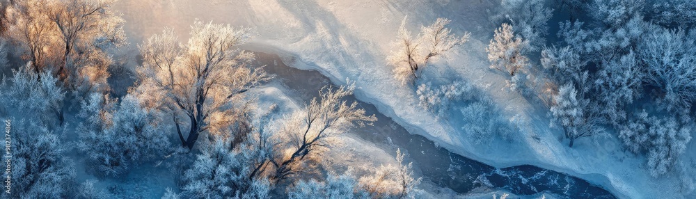 Poster A serene winter landscape featuring frosty trees and a gentle river illuminated by soft sunlight, creating a tranquil atmosphere.