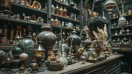 Fototapeta premium Literature artifacts or magic things in a former sorcerers store exhibit a mystical aspect