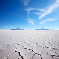 Infinite Salt Flats Under a Clear Blue Sky, infinite salt flats, clear blue sky, minimalism, vast expanse, textured ground, surreal landscape, endless horizon, reflections
