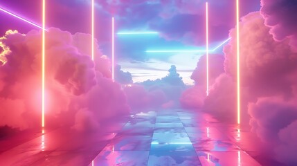 Lovely clouds and glowing neon setting for an item show on the beauty stage