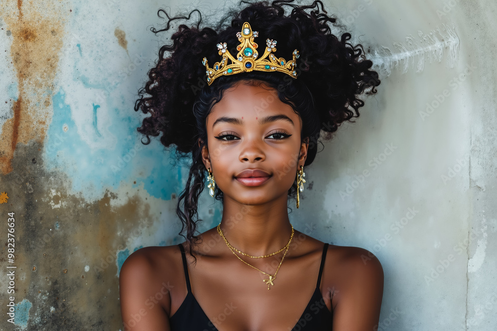 Wall mural A woman wearing a gold crown and a black dress