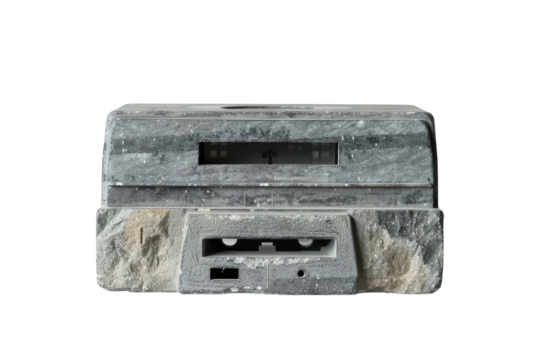 Vintage cassette player stranded in wear, showcasing gray textures against a minimalistic background.