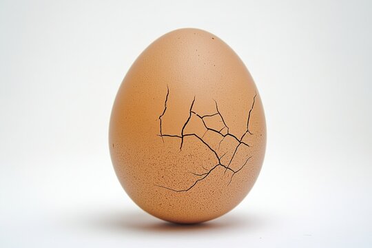 Cracked brown egg on white backdrop
