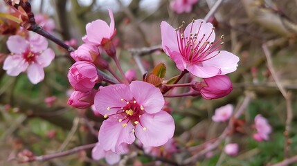 Obraz premium Lovely pink cherry blossoms in bud in a quiet countryside with breathes harmony and peace