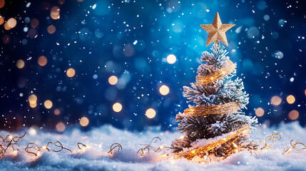 Christmas greeting card with a Christmas tree on a blue night background with snow