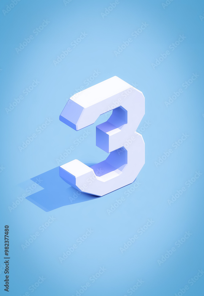 Poster a bold 3d isometric view of the number 3 in white, casting a light shadow on a blue gradient backgro